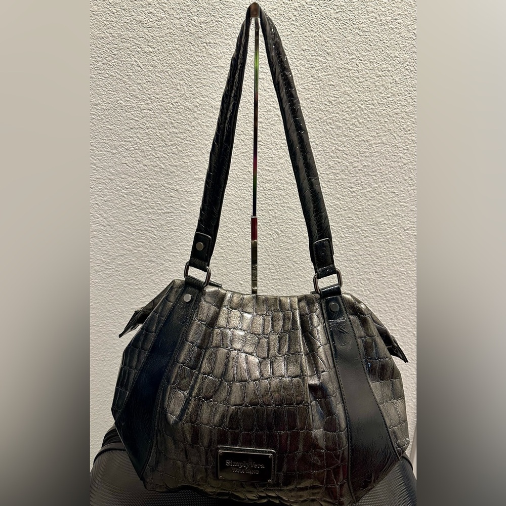 Simply Vera Vera Wang Black and Silver Crocodile-Embossed Shoulder Bag